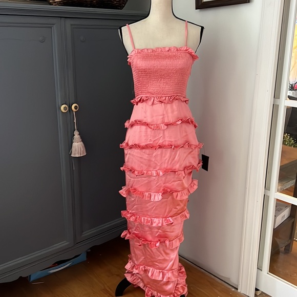 NWT Lulus Sincerely Fabulous Peach Pink Satin Smocked Ruffled Maxi Dress - Picture 5 of 7